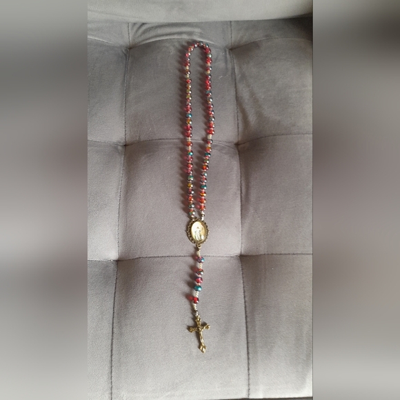 Elegant Red and Blue Glass Beads Jesus Bronze All Beaded Rosary - Picture 7 of 7